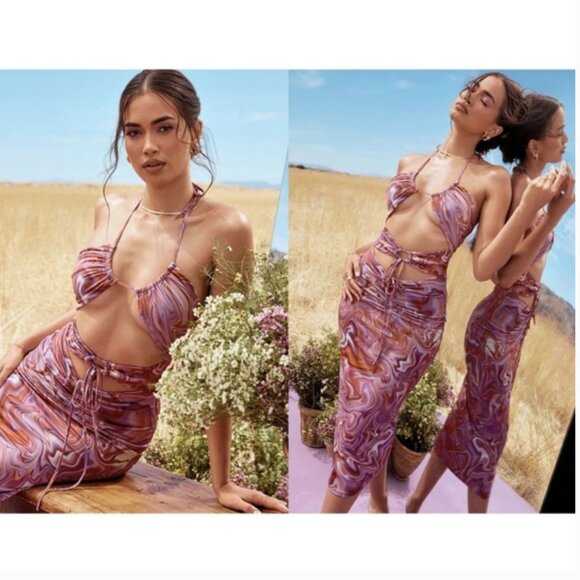 NWT House of CB Kasia Swirl Purple Pink Cut Out Sexy Midi Dress Size Small - Picture 5 of 16